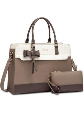 Women's Khaki Leather Waterproof Striped Zipper Laptop Briefcase Tote Handbag